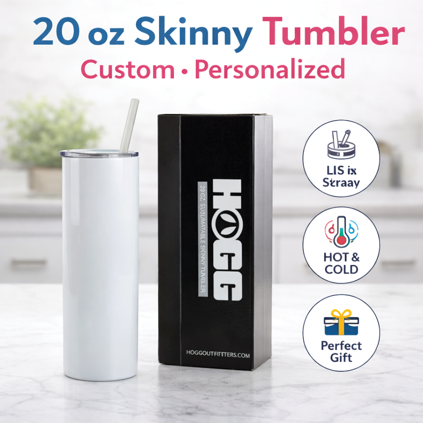 20 oz Skinny Tumbler – Custom Personalized Design with Lid & Straw
